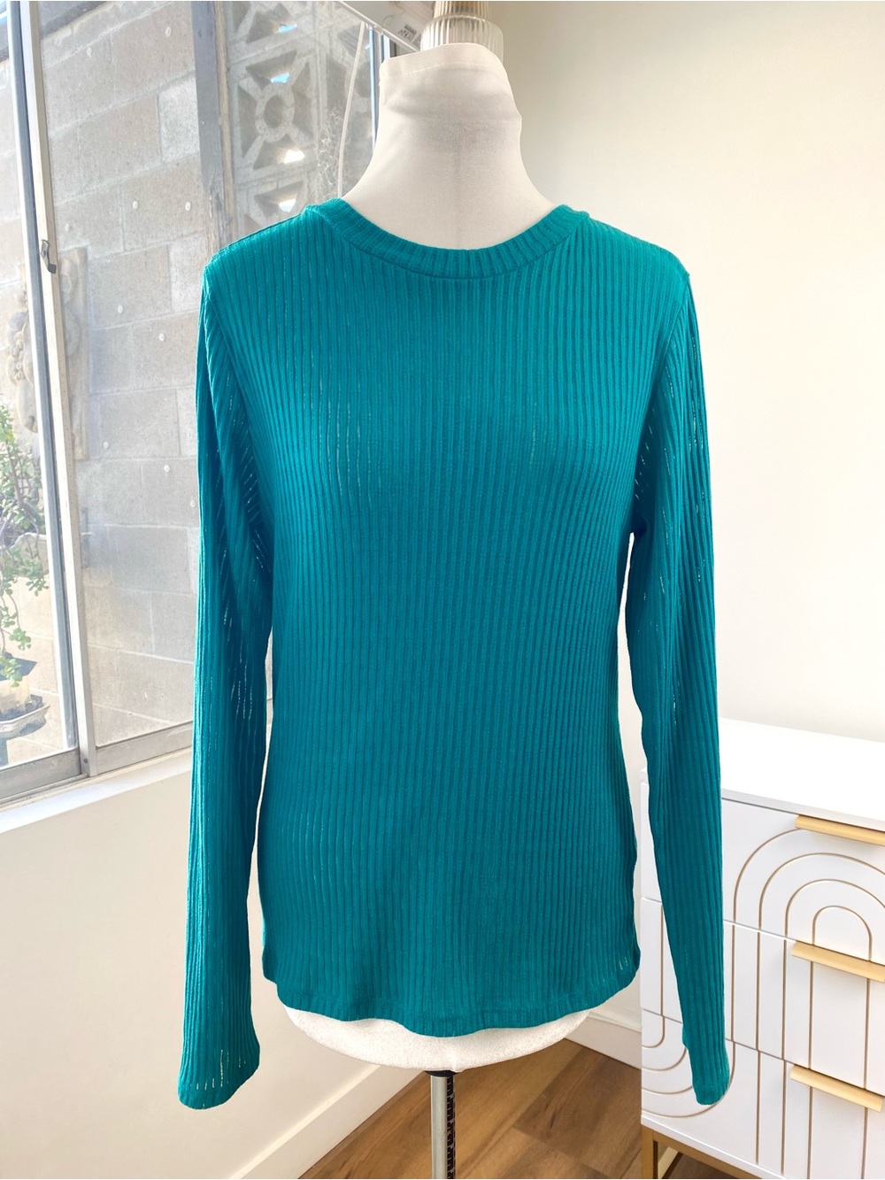 Anthropologie Ribbed Long Sleeve Sweater Knit Top in Teal, Size L - Picture 5 of 11